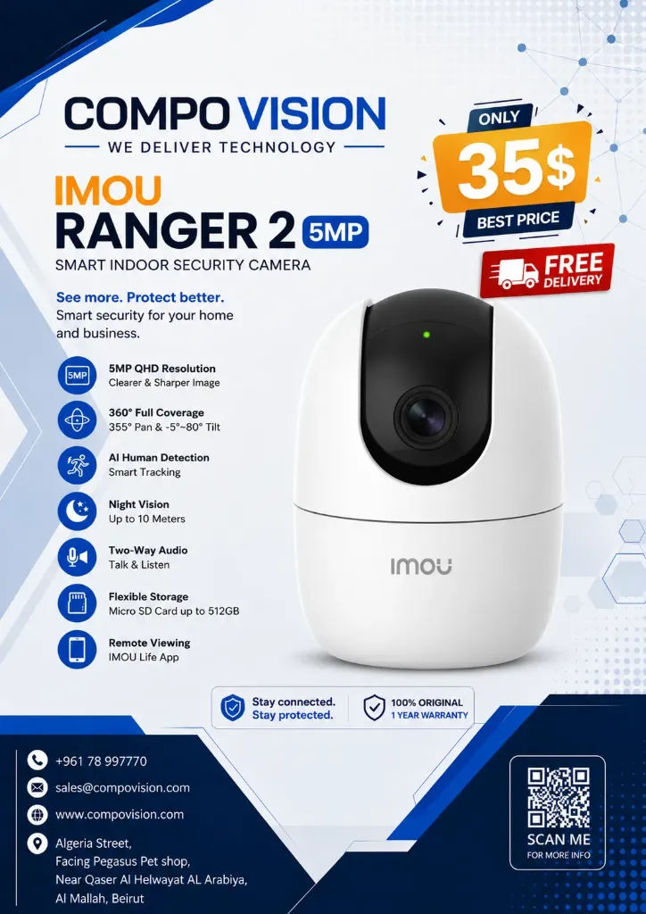 [IPC-K2EP-5H2W] Imou Ranger 2 5MP Smart CCTV Security WiFi indoor Camera for Home | IPC-K2EP-5H2W