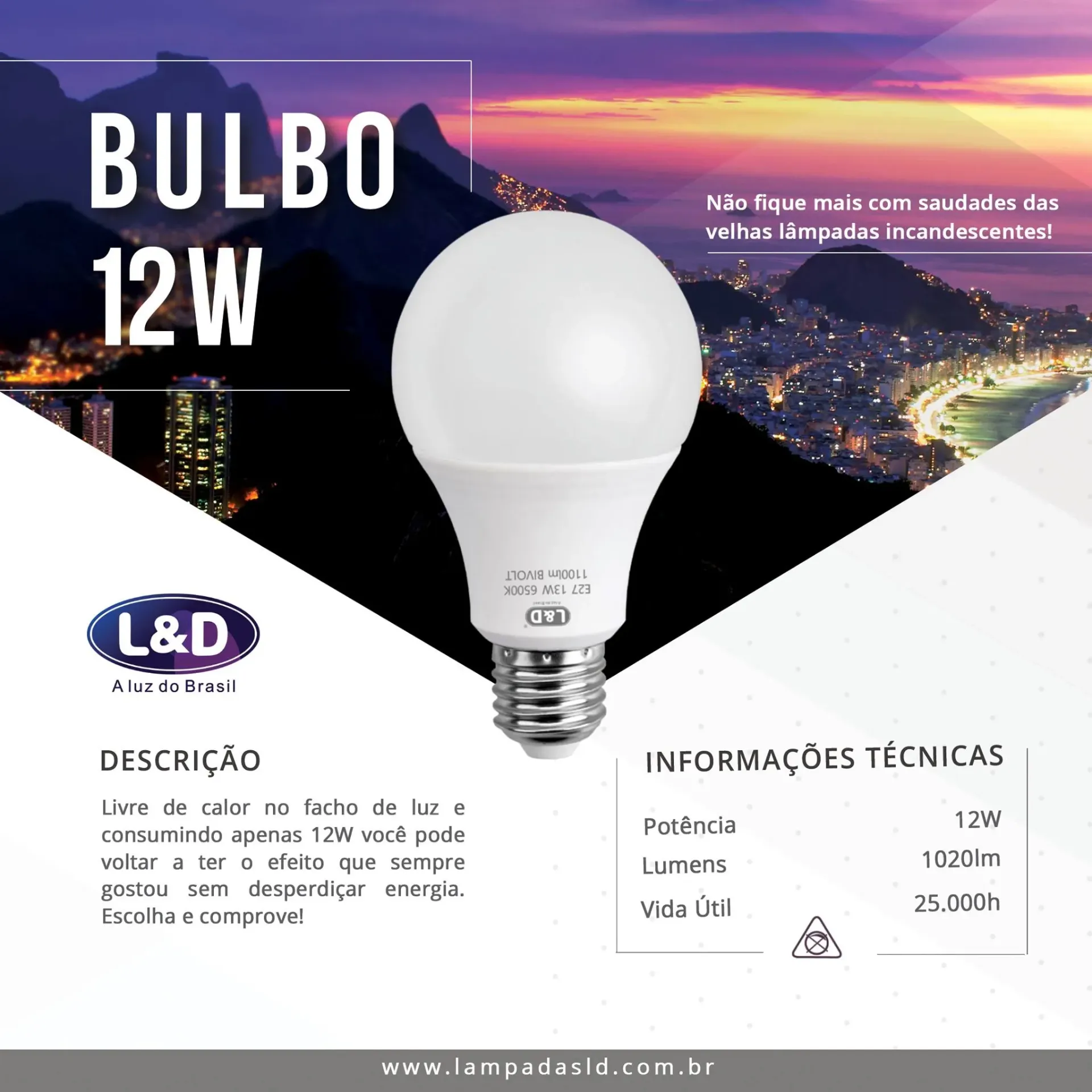 LED BULB LUZ FIRA 12W E27 Base 6500K Day Light